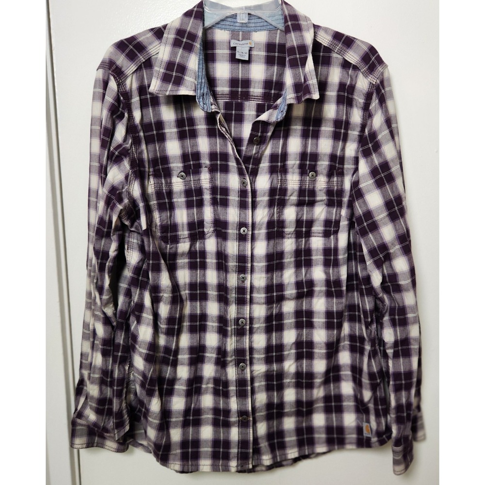 Carhartt Womens Purple Plaid Long Sleeve Button Up Pockets Shirt Roll Tab XLarge